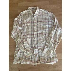 MONDO Men's Shirt Linen Size Large 52 White Plaid Flannel Long Sleeve Button Up